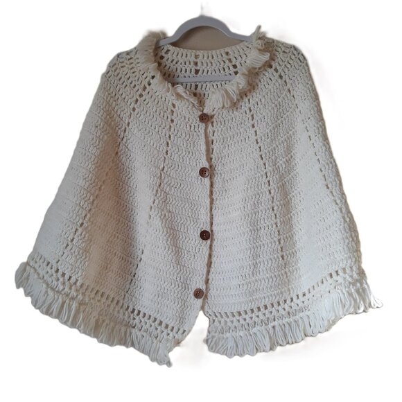 Handmade Crochet Fringe Button Front Off White Cape OSFM - Picture 1 of 7